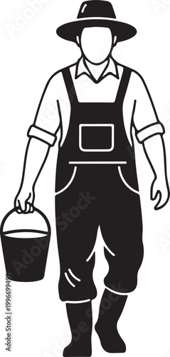Black and white illustration of a farmer with a bucket