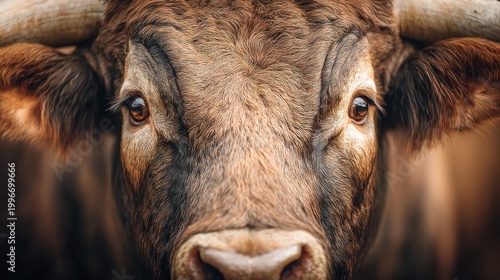 A majestic bull stares intensely, capturing a moment of striking detail and powerful presence.