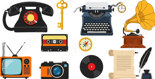 Vintage retro objects collection, set of 12 antique technology and media icons, nostalgic flat vector illustrations for history and lifestyle design