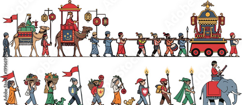 Ancient Silk Road caravan vector illustration, historical merchant procession with camels and elephant, traditional oriental parade with palanquin