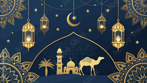 Ramadan kareem background with golden lanterns, crescent moon, mosque, and camel silhouette on a dark blue decorative pattern