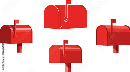 Red mailbox vector set, classic american post box collection with raised flags, vibrant metallic mailboxes for postal and delivery services