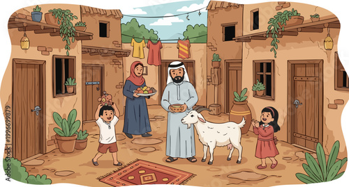 Traditional Arab family celebrating Eid al-Adha in a village courtyard, Muslim family with sacrificial goat, Middle Eastern heritage vector illustration