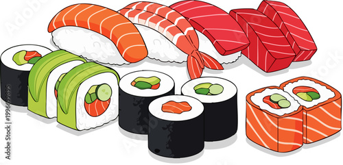 Japanese sushi vector illustration, fresh nigiri and maki rolls set, colorful seafood platter with salmon and tuna, traditional asian cuisine icons