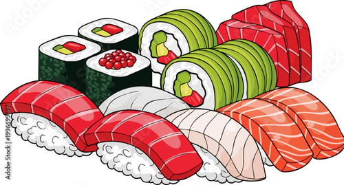Japanese sushi platter vector illustration, fresh nigiri and maki rolls set, colorful seafood platter with salmon and tuna, cartoon food icons