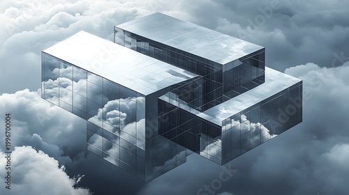 Surreal geometric glass building floating amidst ethereal clouds, reflecting sky and atmosphere in a dreamlike digital art composition.