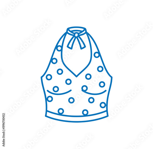 blue line drawing of a womens sleeveless blouse with polka dots and tie at the neck