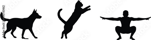 Dog standing, cat leaping, and human squatting silhouettes representing pets, animals, companionship, adoption, wildlife, veterinary care, and graphic design themes