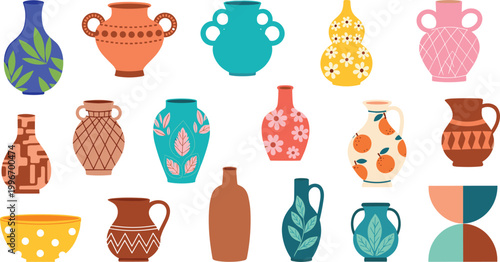 Set of Colorful Decorative Vases with Floral, Geometric, and Artistic Patterns for Home Decor and Interior Design Projects