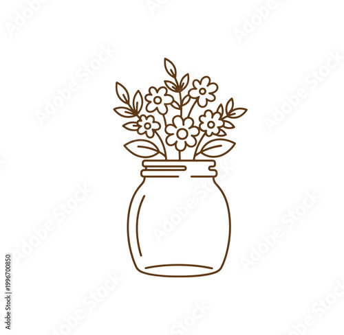 Brown line drawing of flowers in a jar on white background