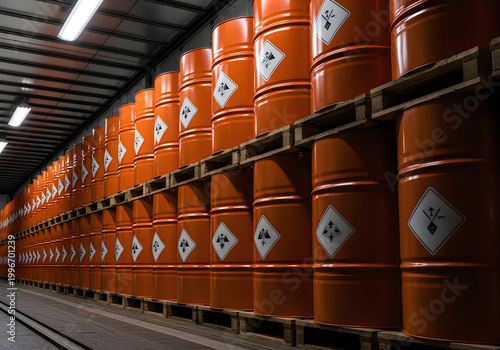 Rows of orange hazardous material barrels on wooden pallets in a warehouse storage facility 