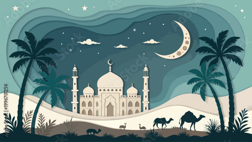 Ramadan kareem greeting card with mosque, crescent moon, camels and palm trees in paper cut style islamic background for muslim holiday