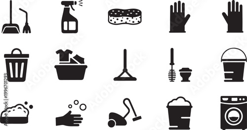 A collection of minimalist black silhouette icons representing cleaning supplies, laundry, and sanitation tools for domestic or professional use.
