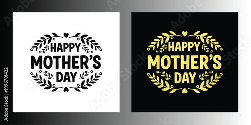 Happy Mothers Day text with floral wreath and hearts black and gold greeting celebration
