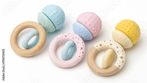 Set of baby rattles with wooden rings and textured silicone balls in pastel colors, sensory toys for infants and toddlers