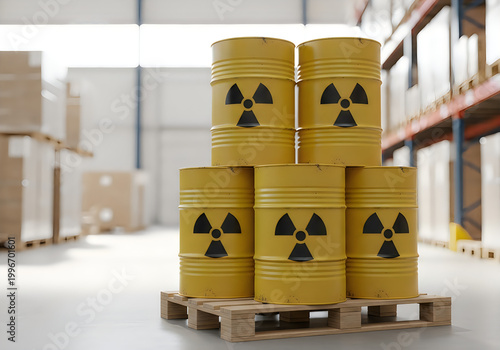 Yellow radioactive barrels stacked on pallet in warehouse storage room with shelving units 