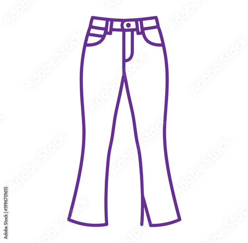 Purple line drawing of flared jeans with belt and pockets