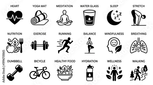 Healthy lifestyle icons set with heart yoga mat meditation and exercise