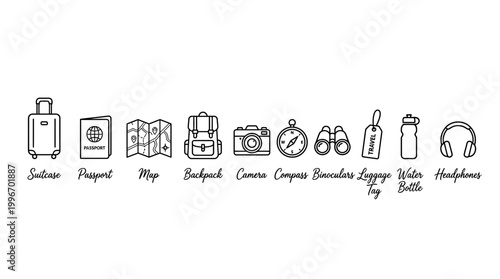 Travel icons set with luggage and accessories