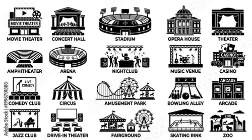 entertainment venues icons set movie theater concert hall stadium