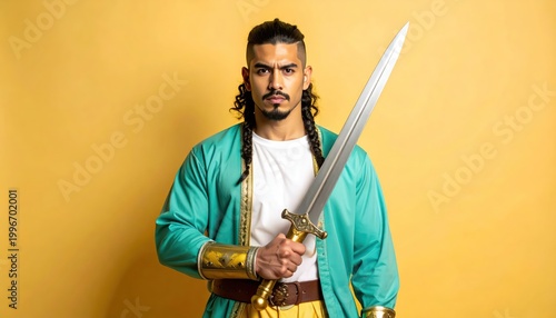 Man Holding Sword in Studio Setting.