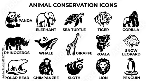 Animal conservation icons set black and white