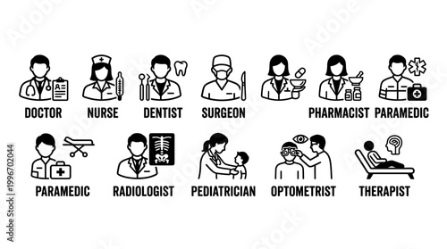 Medical professionals and healthcare workers icons