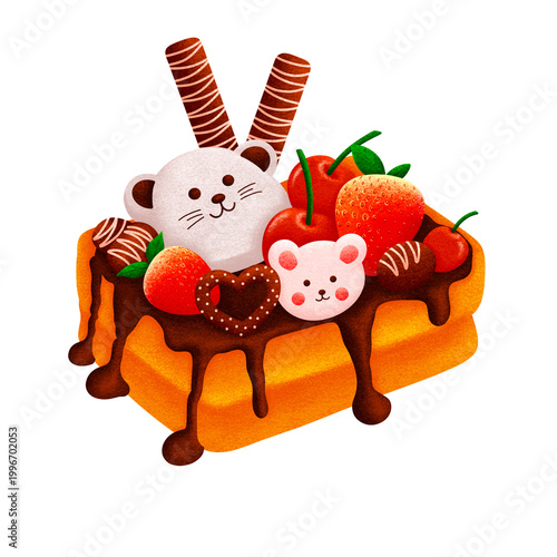 Dessert PandaA charming illustration of a dessert, featuring a chocolate-drizzled waffle topped with whipped cream, berries, chocolate sticks, and two adorable cartoon bears.