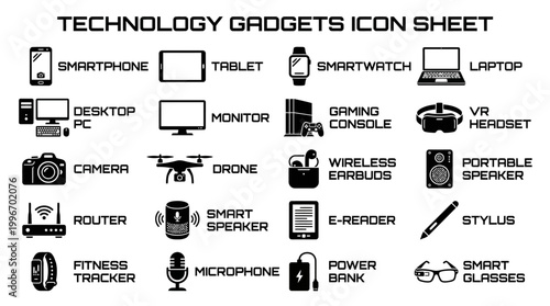 Technology gadgets icon sheet with various devices and electronics