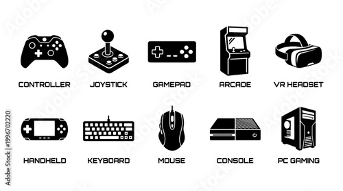 Gaming controllers and devices icons set