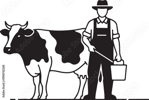 Black and white illustration of a farmer with a cow