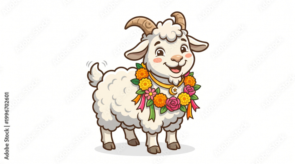 Fototapeta premium Cute cartoon sheep with floral garland and crescent moon necklace for Eid al-Adha 