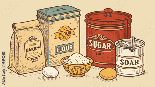 Vintage style illustration of baking ingredients including flour, sugar, eggs, and a bowl of ingredients on a light background
