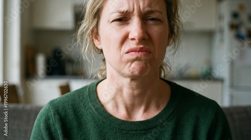 Woman with disgusted facial expression showing negative emotion. Portrait of young girl looking annoyed or smelling something bad. Feeling of repulsion, rejection and bad experience concept.