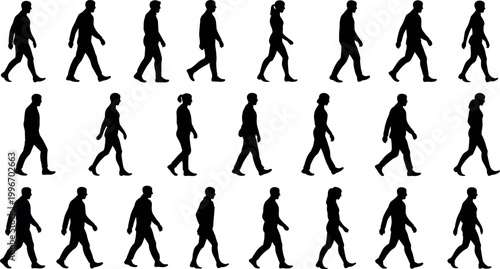 Black silhouettes of diverse men and women walking in sequence, illustrating human gait cycle, biomechanics, posture, and motion analysis isolated background