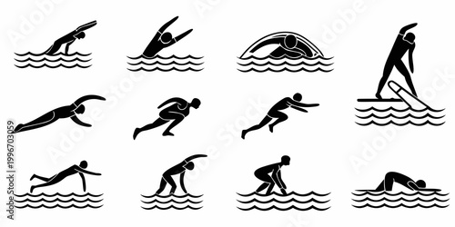 Tableau sur toile Water sports and swimming poses icons with butterfly stroke swim cap diving boar