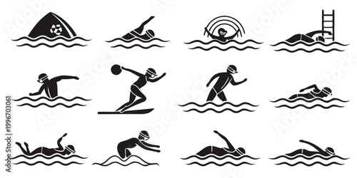 Картината върху платно Swimming and water sports icons set with water polo butterfly stroke swim cap sh