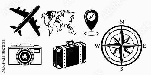 Foto Travel and exploration icons: airplane map compass camera suitcase with tourism