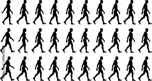 Black silhouettes of human figure walking sequence showing stride cycle, locomotion biomechanics, posture analysis, and motion study isolated background
