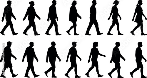 Black silhouettes of multiple people walking in profile view, showing diverse postures, clothing styles, and human stride motion study