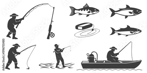 Schilderij op canvas Fishing silhouettes and fish icons: anglers casting and catching with black and