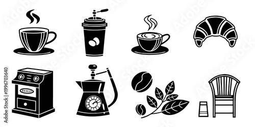 Schilderij op canvas Collection of coffee and bakery icons including cups grinders croissants coffee