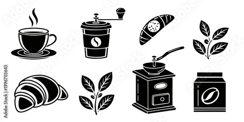 Obraz na płótnie Variety of coffee and bakery icons featuring cups grinders croissants coffee bea