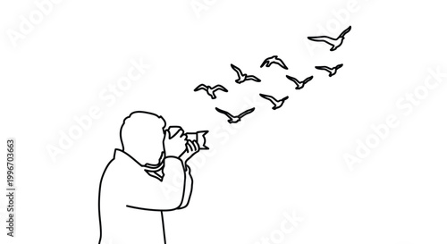 photographer capturing birds in flight silhouette on transparent background