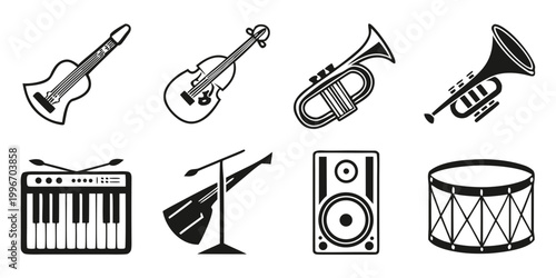 Sticker Professional musical instrument and audio equipment icons with guitar violin tru