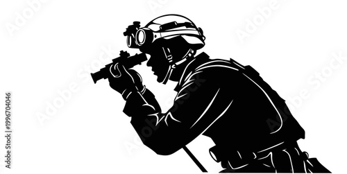 Obraz na płótnie Soldier silhouette with tactical gear and night vision goggles using optical dev