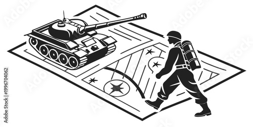 Foto Military strategy concept illustration featuring soldier and battle tank on tact
