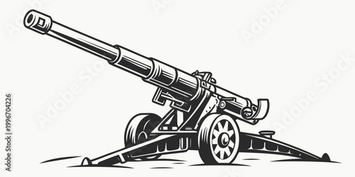 Schilderij op canvas Antique field artillery cannon side view black and white graphic design element