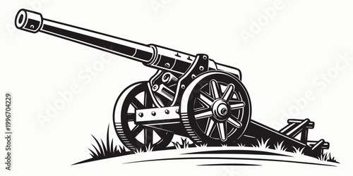 Schilderij op canvas Classic wooden wheel artillery cannon monochrome graphic illustration with artil