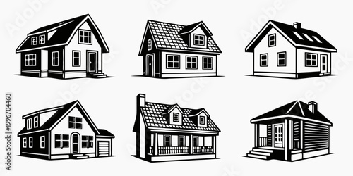 Architectural house sketches and residential building icons showing different roof styles and porch designs in black and white with real estate building architecture residential collection